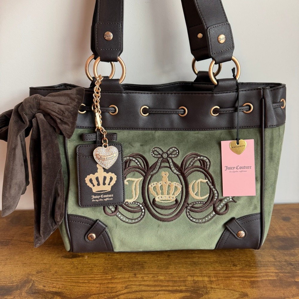 New Juicy Couture Lovers Club Green Brown Daydreamer Tote Shoulder Handbag Charm